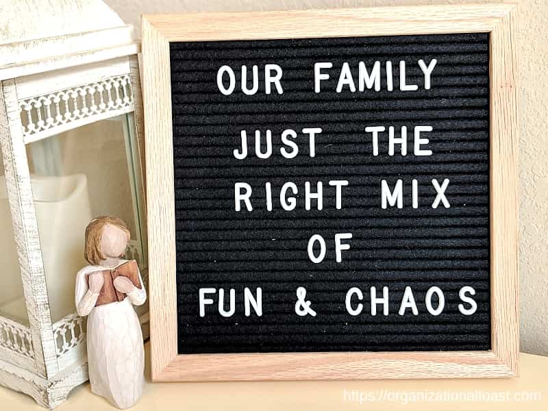 "Our family: just the right mix of fun & chaos" Quote on letter board