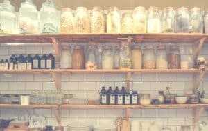 Pantry shelves with glass containers