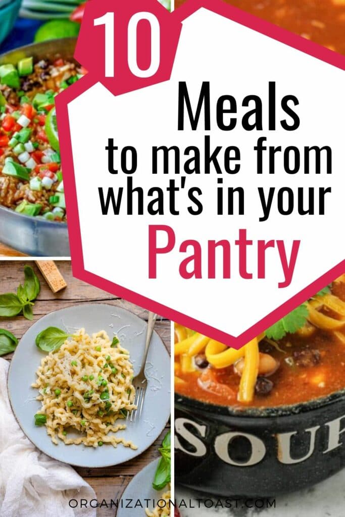 10 easy pantry meals that will save you time and money! When you won't be able to get to the store for awhile this tells you what to stock up on  and what you can make. 